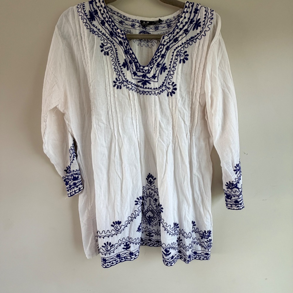 SR Fashion Embroidered Tunic Top Women XL White Blue Cotton Boho Cottagecore
